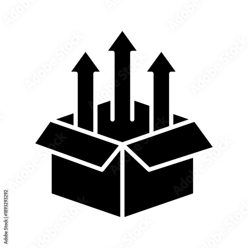 Open box line icon with upward arrows symbolizing expansion, growth, unpacking, and product delivery. Ideal for logistics, business, and startup concepts.