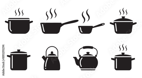 Cooking pots with steam, various styles, kitchen cookware illustration, boiling food concept, vector graphic design, isolated objects on white background