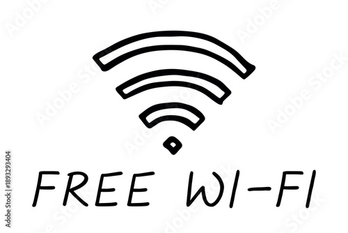 Hand drawn free wifi spot zone sign Public wi-fi area sign Wireless internet clipart in doodle style Single element for print, web, design, decor 3G, 4G, 5G, 6G, IoT
