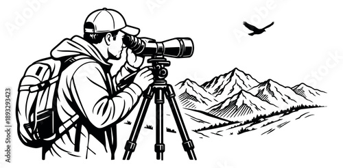 Line art illustration of a hiker depicting birdwatching through a spotting scope for wildlife viewing