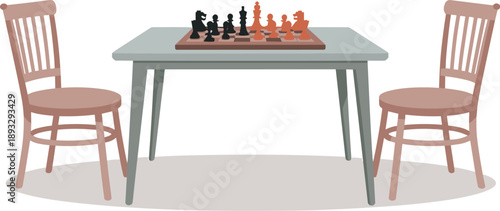 Chessboard with Pieces on a Table and Two Empty Chairs, Concept of Intellectual Strategy, Competitive Gaming, Strategic Planning, and Quiet Leisure Hobby Vector Illustration