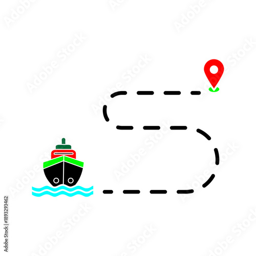 Shipping route path line icon with cargo ship and location pin. Represents logistics tracking, delivery route, navigation, and transportation journey.