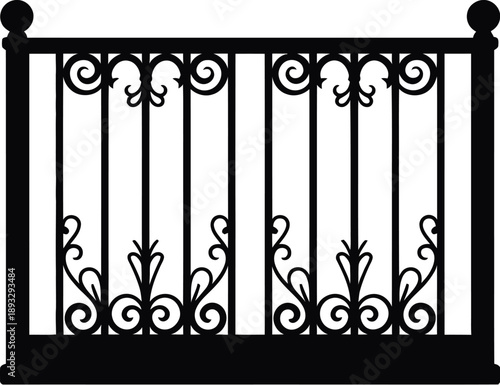 Ornate black iron railing with decorative scrollwork silhouette vector illustration