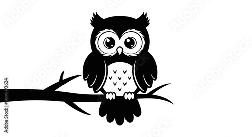 Cute Black Owl Sitting on Tree Branch Silhouette.