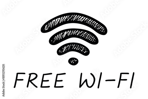 Hand drawn free wifi spot zone sign Public wi-fi area sign Wireless internet clipart in doodle style Single element for print, web, design, decor 3G, 4G, 5G, 6G, IoT