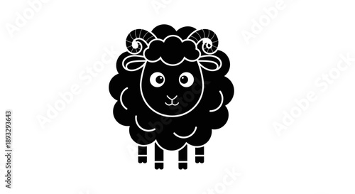Cute Black Sheep Icon with Curly Wool and Horns.