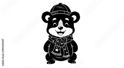 Cute cartoon bear wearing winter clothes illustration.