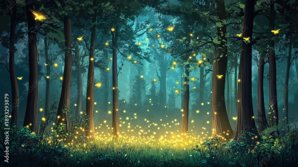 Naklejka premium Enchanted Forest: A mystical forest scene is brought to life, as radiant fireflies dance amid towering trees, creating a captivating spectacle of light and wonder.
