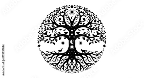 Intricate Black and White Tree of Life Emblem.