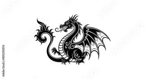 Intricate Black Dragon Illustration with Detailed Wings and Tail.