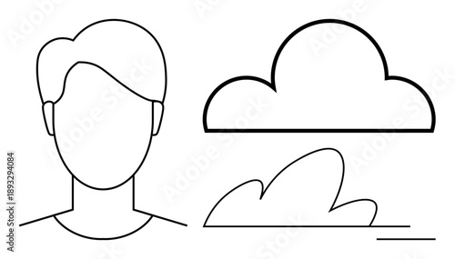 Identity , abstract art, imagination, simplicity, modern design, creativity. Minimalist face alongside stylized clouds. Identity ation and abstract art concept