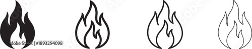 Flame icon with black silhouette and outline lines, fire symbol for warning and energy design.