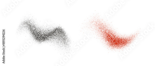 Black and red pepper powder splashes. Flying seasoning particles burst. Grey and pink dust dirt textured piles. Dry spices explosion. Salt and pepper flakes scattered on surface. Vector illustration
