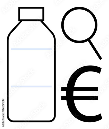 Bottle with minimalist design, magnifying glass denoting scrutiny, euro symbol for pricing. Ideal for commerce, retail, product evaluation, quality assurance, consumer spending, market research