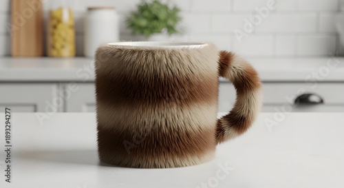 Fur Covered Coffee Mug, Brown Mink Furry Cup Surrealism, Tactile Material Contrast