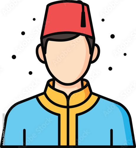 Minimalist cartoon of person in traditional attire with red fez and blue garment, cultural vector icon for heritage, identity, fashion, and regional illustration themes.