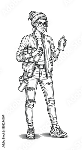 Trendy female street artist with spray cans and ripped jeans