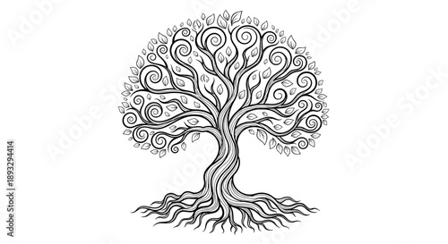 Intricate Stylized Tree of Life Illustration with Detailed Roots.