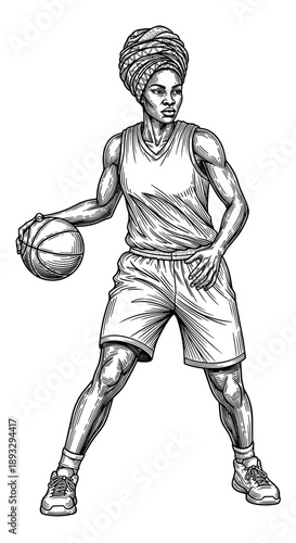 African woman basketball player with headwrap dribbling ball