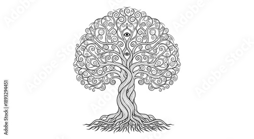 Intricate Tree of Life with Eyes Symbolism.
