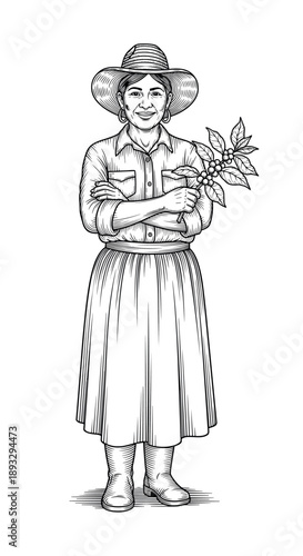 Colombian woman coffee farmer holding coffee plant branch, illustration