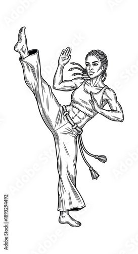 Capoeira master woman performing a high kick in line art