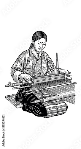 Bhutanese woman weaving traditional textile on a loom, line art illustration