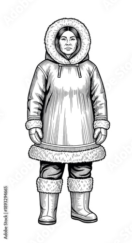 Inuit woman in traditional fur-lined parka and boots, full body illustration