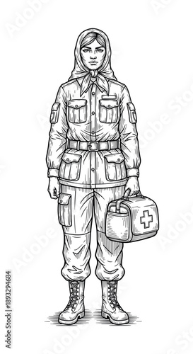 Ukrainian woman field medic holding a first aid kit, detailed illustration