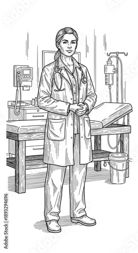 Female doctor in rural clinic, engraving style illustration