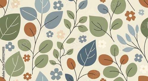 Modern seamless wallpaper pattern with stylized leaves and branches, flat vector illustration inspired by nature, ideal for backgrounds, textiles, and eco design projects