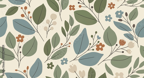 Modern seamless wallpaper pattern with stylized leaves and branches, flat vector illustration inspired by nature, ideal for backgrounds, textiles, and eco design projects
