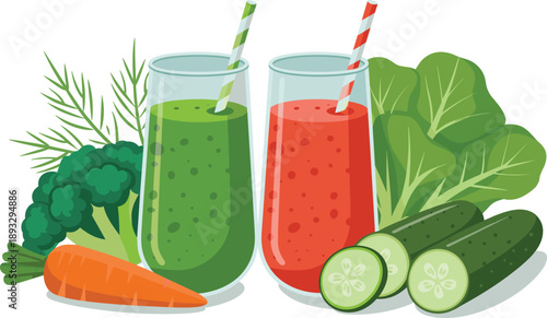 Green and Red Vegetable Smoothies with Fresh Carrot, Broccoli, and Cucumber, Concept of Liquid Wellness, Nutritional Synergy, Plant-Based Hydration, and Whole-Food Vitality Vector Illustration
