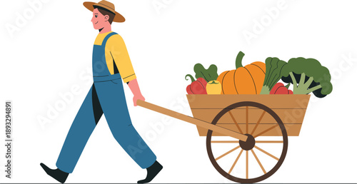 Farmer with Overalls and Straw Hat Pulling Wheelbarrow of Fresh Vegetables, Concept of Sustainable Agriculture, Organic Harvest Bounty, Healthy Eating, and Traditional Farm-to-Table 