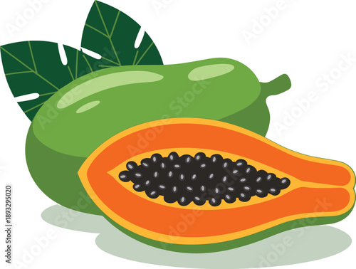 Whole and Halved Papaya with Tropical Leaves and Seeds, Concept of Exotic Nutrition, Organic Superfoods, Digestive Wellness, and Natural Harvest Vitality Vector Illustration