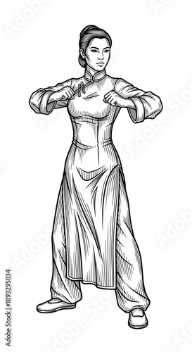 Chinese woman martial arts master in traditional Qipao and wide pants