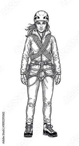 Full body line art of a determined woman mountain climber in gear
