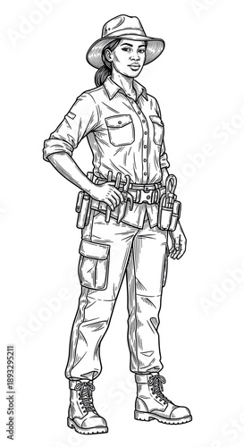 African female veterinarian in safari attire with tools