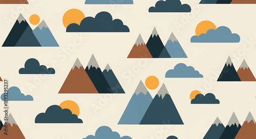 Modern seamless wallpaper pattern with mountain silhouettes and clouds, flat vector nature background perfect for minimalist and outdoor-themed designs