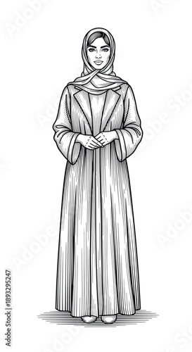 Elegant Saudi woman in modern abaya with detailed linework illustration