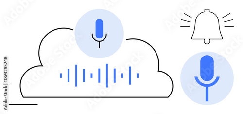Audio recording, voice recognition, cloud storage, notifications, communication tools, artificial intelligence. Elements include microphone icons, sound waves and an alert bell. Audio recording