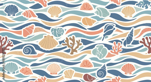 Seamless ocean-inspired wallpaper pattern with waves and marine shapes, modern flat vector background ideal for coastal and summer designs