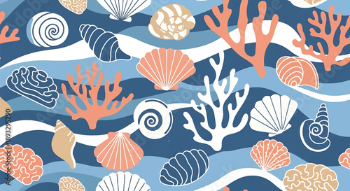 Seamless ocean-inspired wallpaper pattern with waves and marine shapes, modern flat vector background ideal for coastal and summer designs