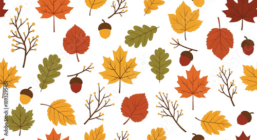 Seamless autumn leaves wallpaper pattern in flat vector style, warm nature-inspired background for seasonal and decorative projects