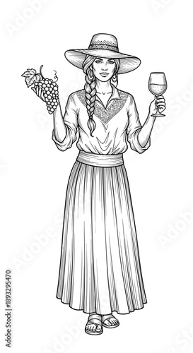 Argentinian woman winemaker with grapes and wine glass, engraving style