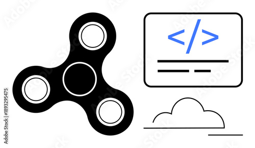 Technology, coding, cloud services, innovation, software development, process efficiency. A spinner and coding interface linked with a cloud icon. Coding and cloud services theme
