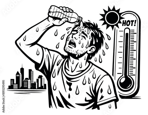 Hand drawn illustration of a man depicting extreme heat and seeking relief for a hot summer day