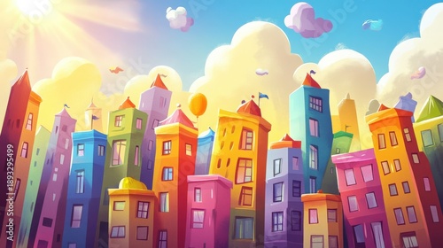 Cityscape of Colors: Vibrant buildings fill the horizon. Each building stands tall, painted in a rainbow of shades under a warm, sunlit sky, with clouds adding texture to the scenic composition