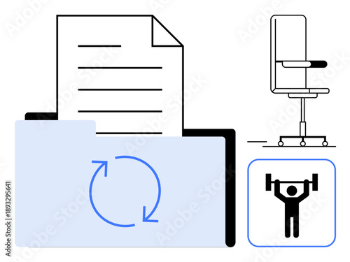 Work-life balance, fitness integration, data management, office setup, document organization, productivity. Folder with arrows, gym icon office chair. Work-life balance and fitness integration
