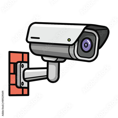 A cartoon security camera mounted on a red brick wall